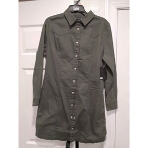 NWt Lee Women Olive Gray Button Front Shirt Dress Long Sleeve Snap Button Size M